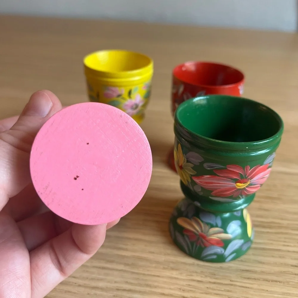 Set of 4 Hand-Painted Wooden Hungarian Farmhouse Egg Cups – Floral Vintage Decor